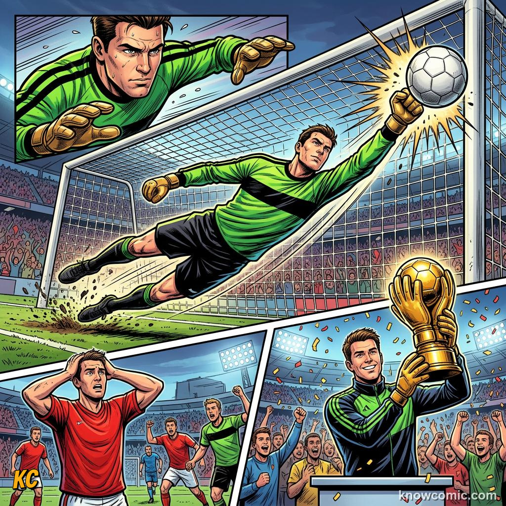 Comic panel titled how the boot is won, labelled ball, from the KnowComic World Cup 2026 lesson on golden boot & golden ball