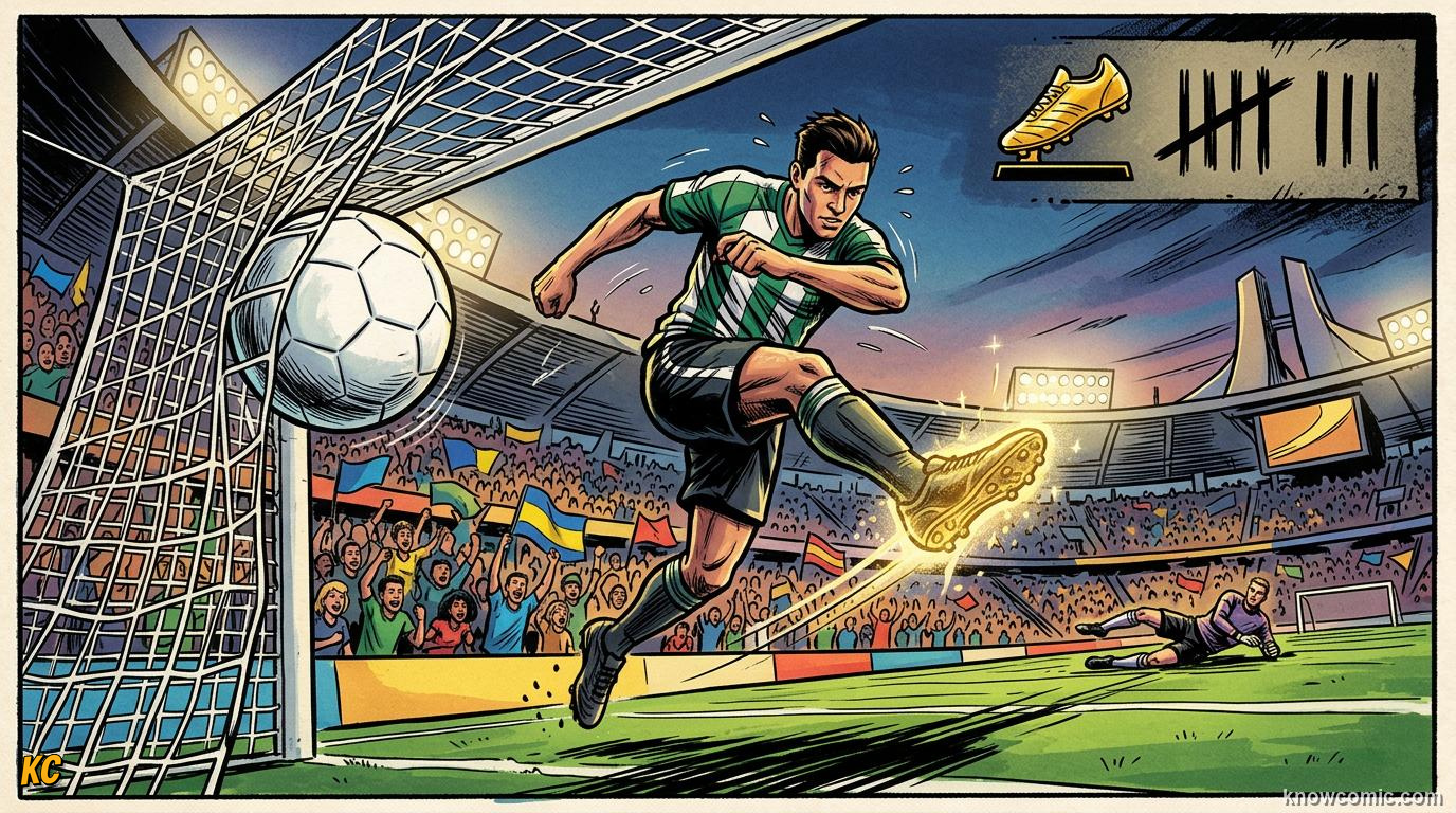 Comic panel titled how the boot is won, labelled top scorer rules, from the KnowComic World Cup 2026 lesson on golden boot & golden ball