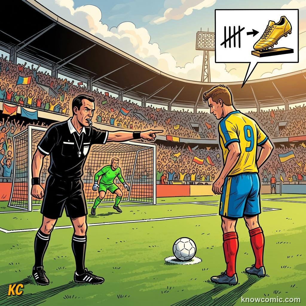 Comic panel titled judging the world's finest, labelled stages, from the KnowComic World Cup 2026 lesson on golden boot & golden ball