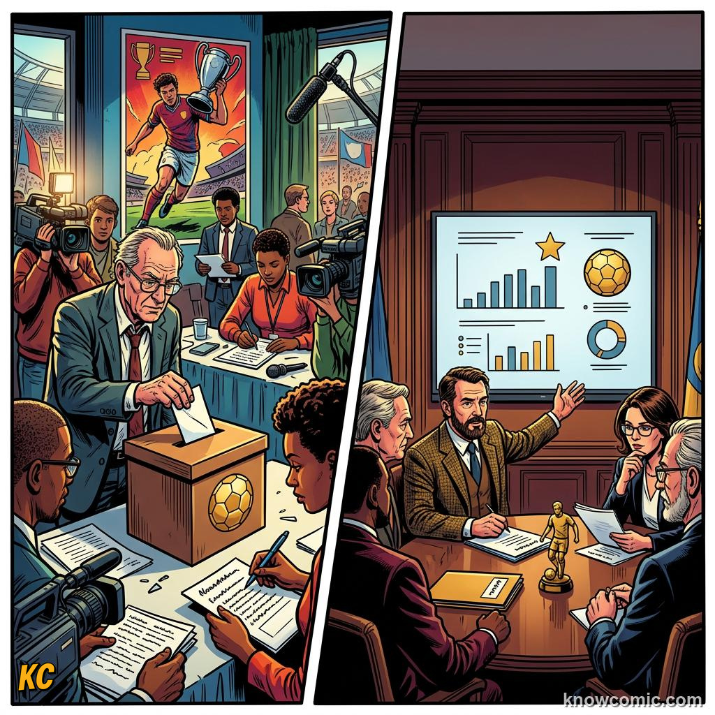 Comic panel titled judging the world's finest, labelled voting, from the KnowComic World Cup 2026 lesson on golden boot & golden ball