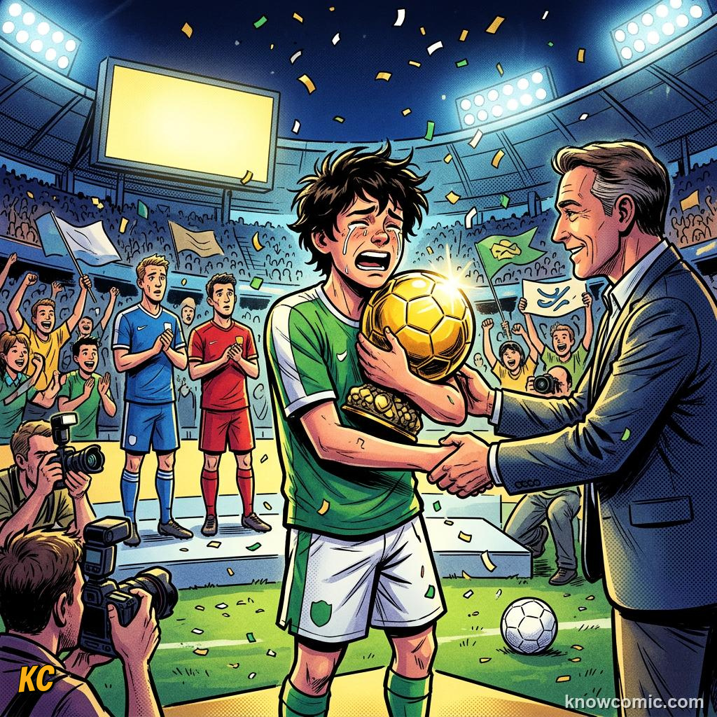 Comic panel titled judging the world's finest, labelled impact, from the KnowComic World Cup 2026 lesson on golden boot & golden ball