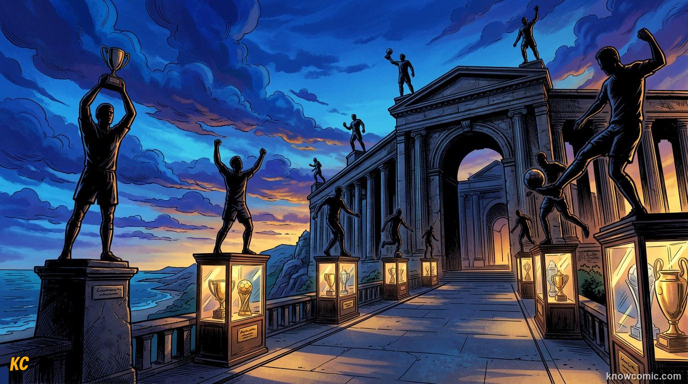 Comic panel titled names that echo forever, labelled hall of fame, from the KnowComic World Cup 2026 lesson on golden boot & golden ball