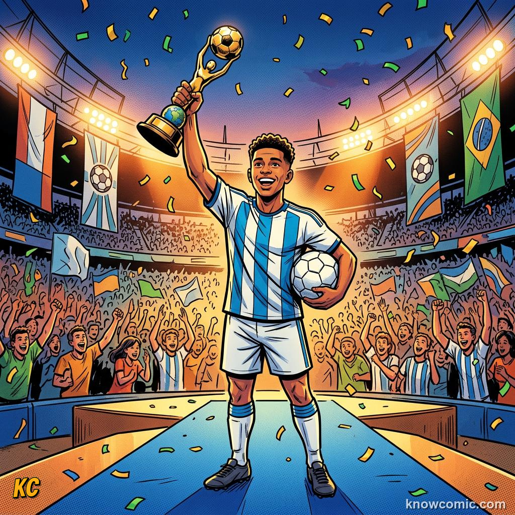 Comic panel titled who will shine in 2026, labelled boot stars, from the KnowComic World Cup 2026 lesson on golden boot & golden ball