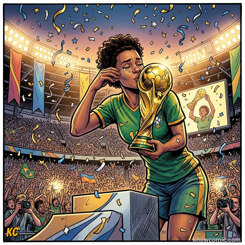Comic panel titled who will shine in 2026, labelled dream, from the KnowComic World Cup 2026 lesson on golden boot & golden ball