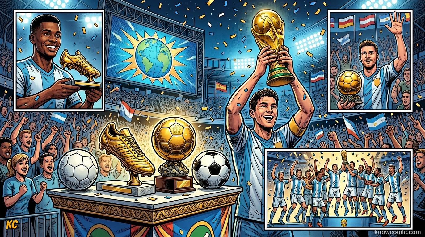 Comic panel titled who will shine in 2026, labelled world cup 2026, from the KnowComic World Cup 2026 lesson on golden boot & golden ball