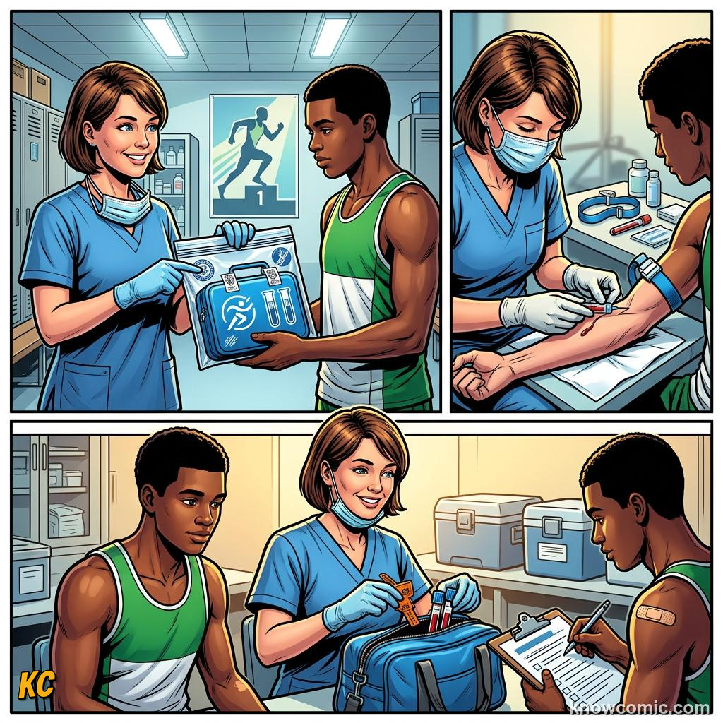 Comic panel titled from match to lab, labelled fifa, from the KnowComic World Cup 2026 lesson on doping control & fair play