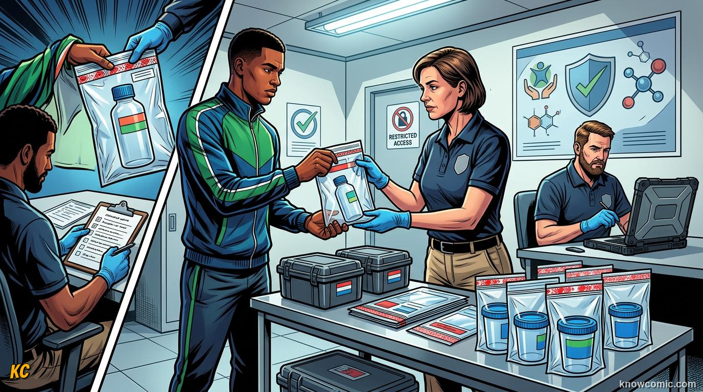 Comic panel titled from match to lab, labelled after the whistle, from the KnowComic World Cup 2026 lesson on doping control & fair play