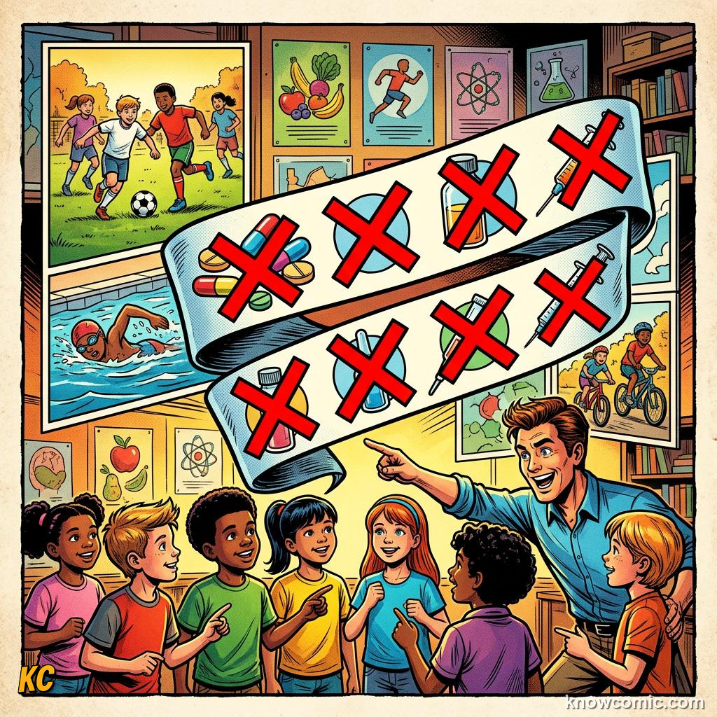 Comic panel titled substances and tricks to avoid, labelled random, from the KnowComic World Cup 2026 lesson on doping control & fair play
