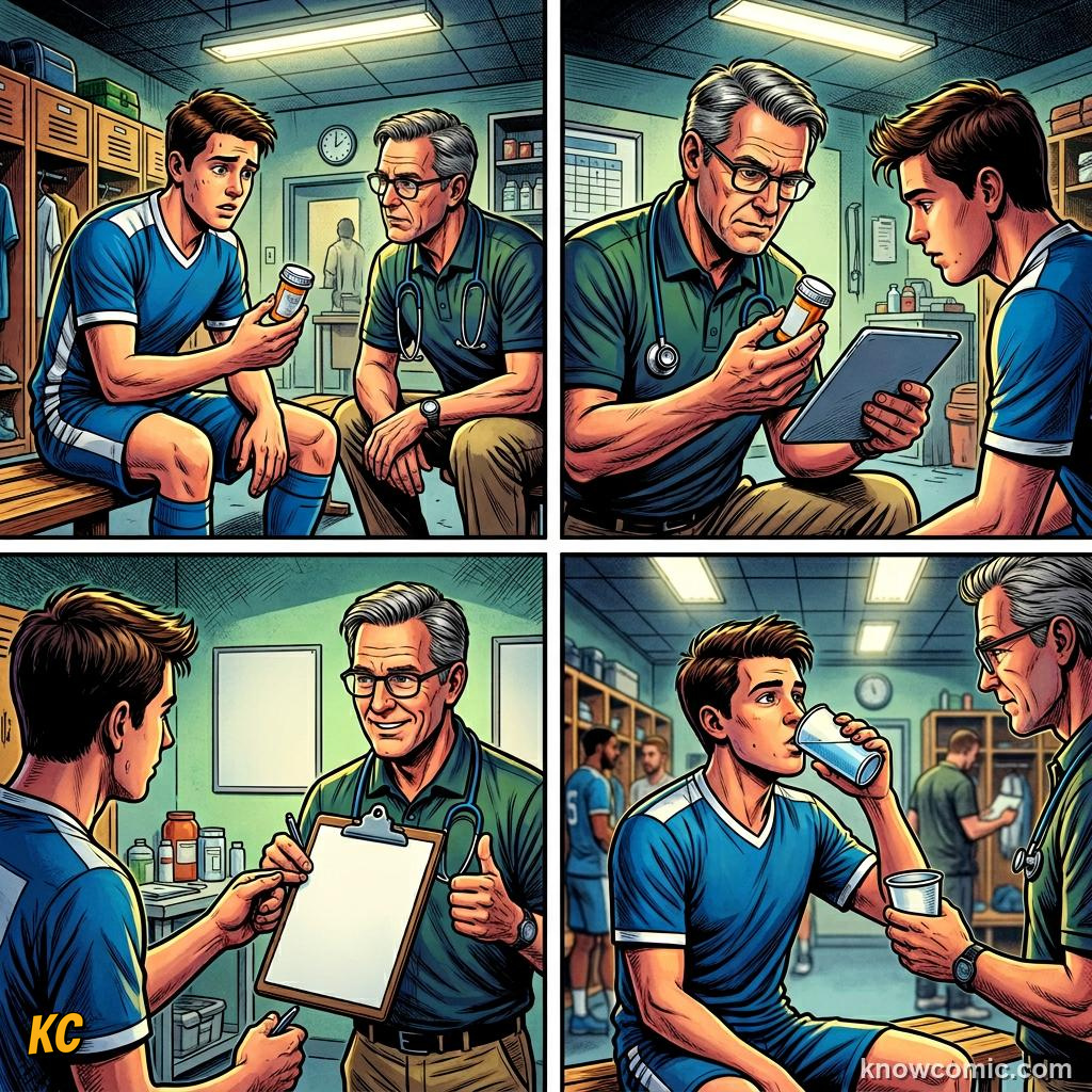 Comic panel titled substances and tricks to avoid, labelled samples, from the KnowComic World Cup 2026 lesson on doping control & fair play