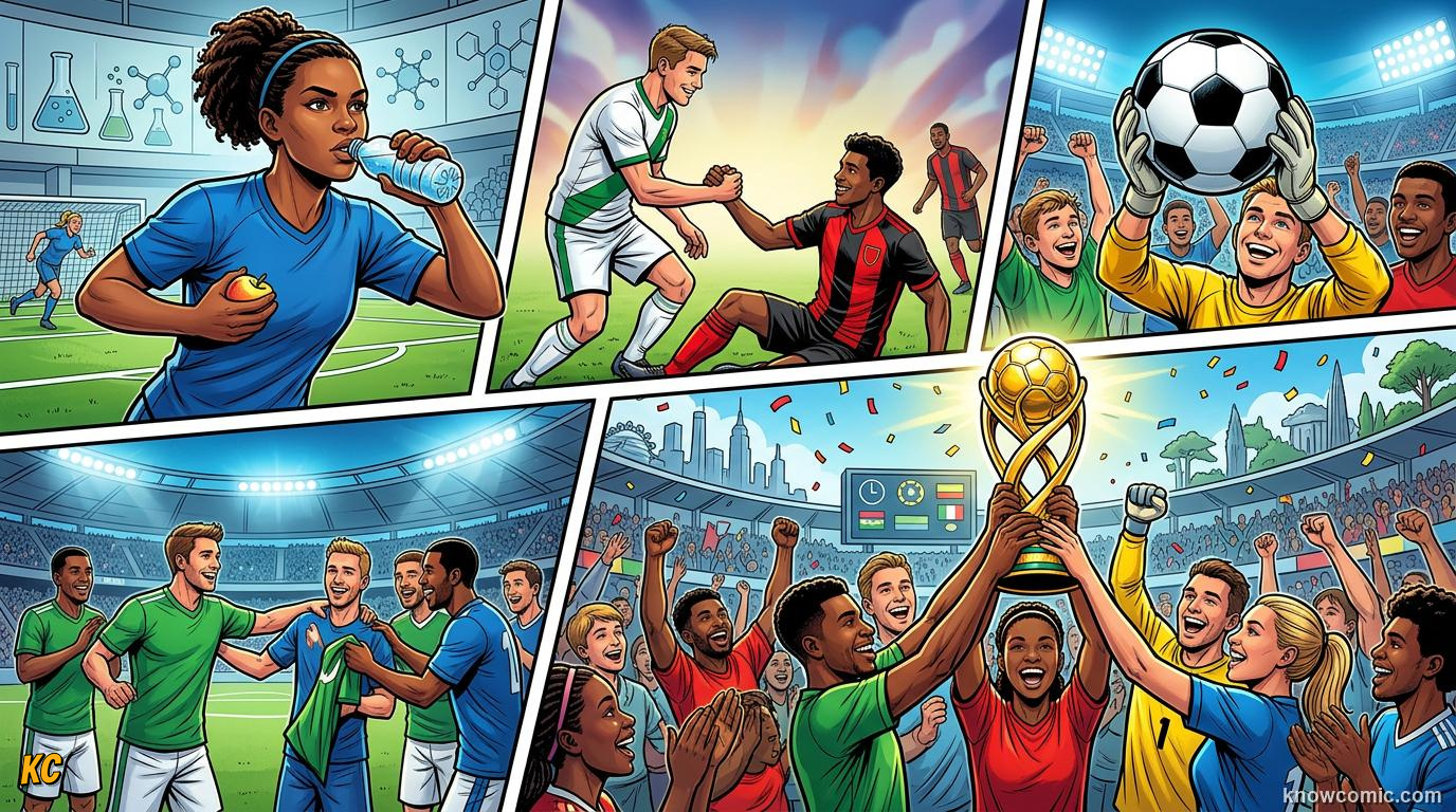 Comic panel titled protecting the beautiful game, labelled world cup 2026, from the KnowComic World Cup 2026 lesson on doping control & fair play