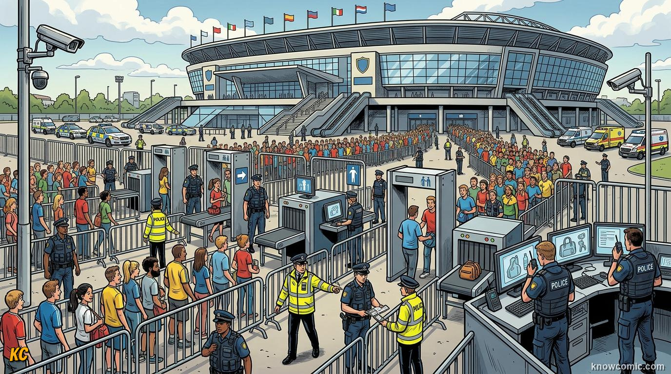 Comic panel titled why security matters, labelled protect the party, from the KnowComic World Cup 2026 lesson on security & safety