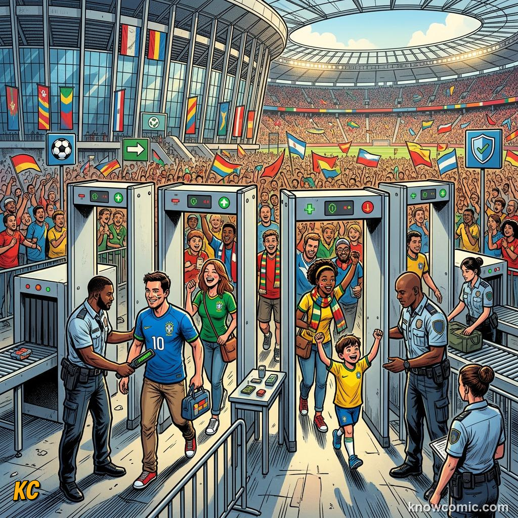 Comic panel titled the stewards you see, labelled teamwork, from the KnowComic World Cup 2026 lesson on security & safety