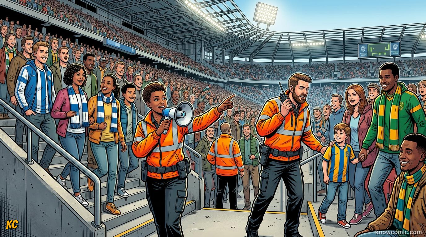 Comic panel titled the stewards you see, labelled first line inside, from the KnowComic World Cup 2026 lesson on security & safety