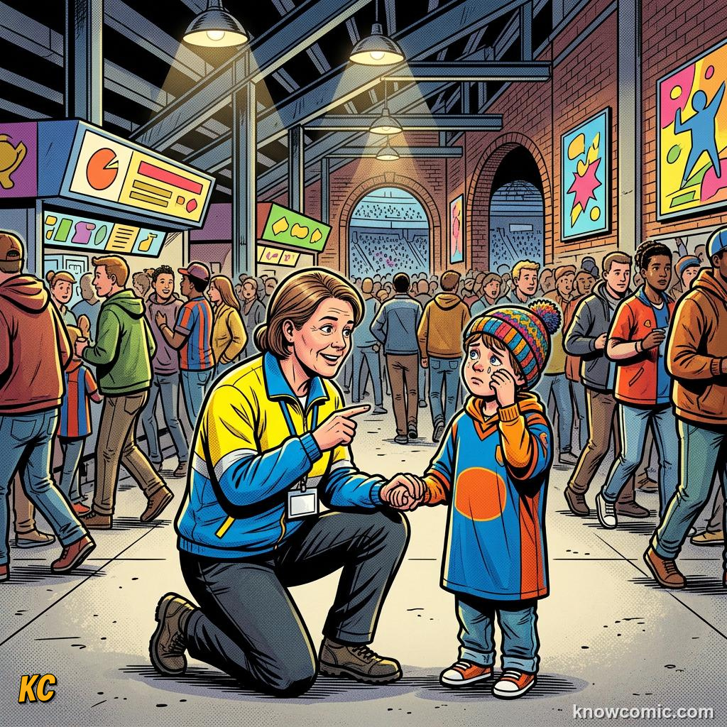 Comic panel titled tech that protects crowds, labelled gates, from the KnowComic World Cup 2026 lesson on security & safety