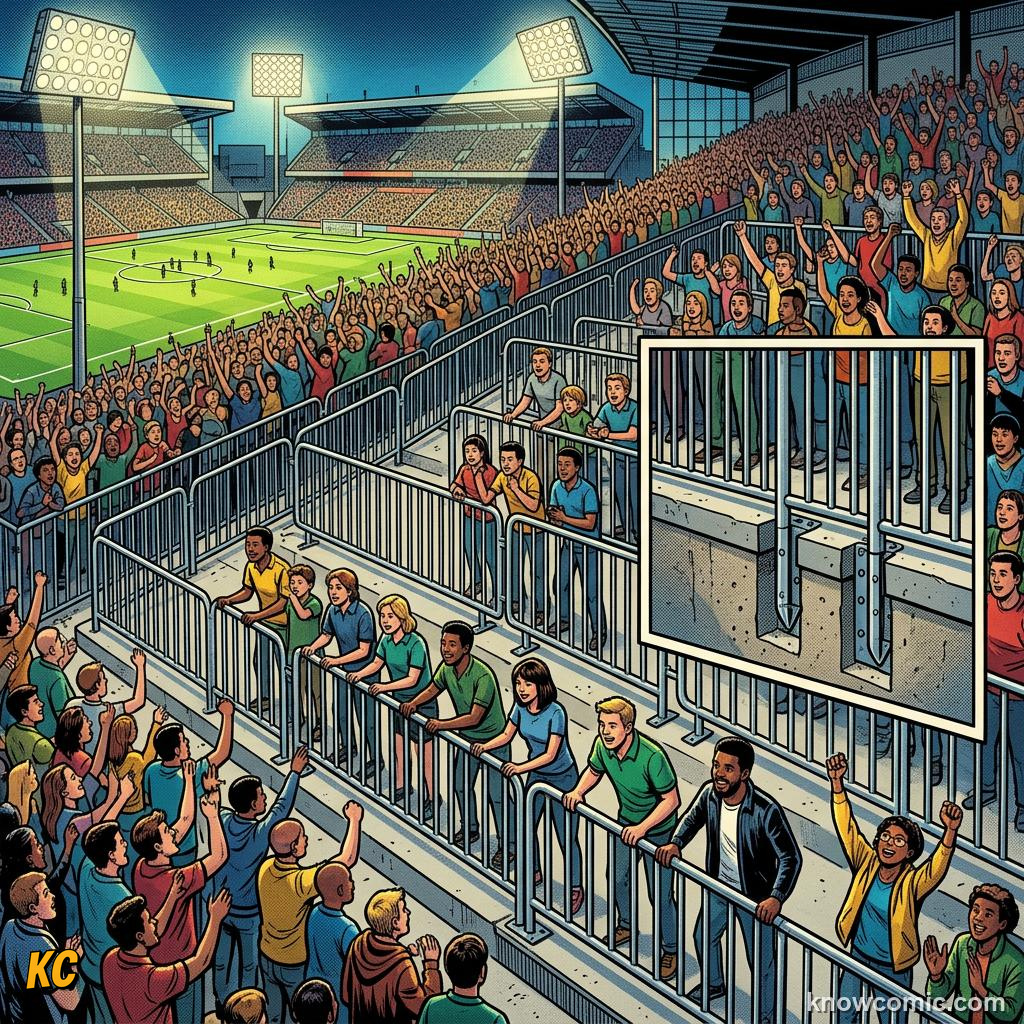 Comic panel titled tech that protects crowds, labelled aisles, from the KnowComic World Cup 2026 lesson on security & safety