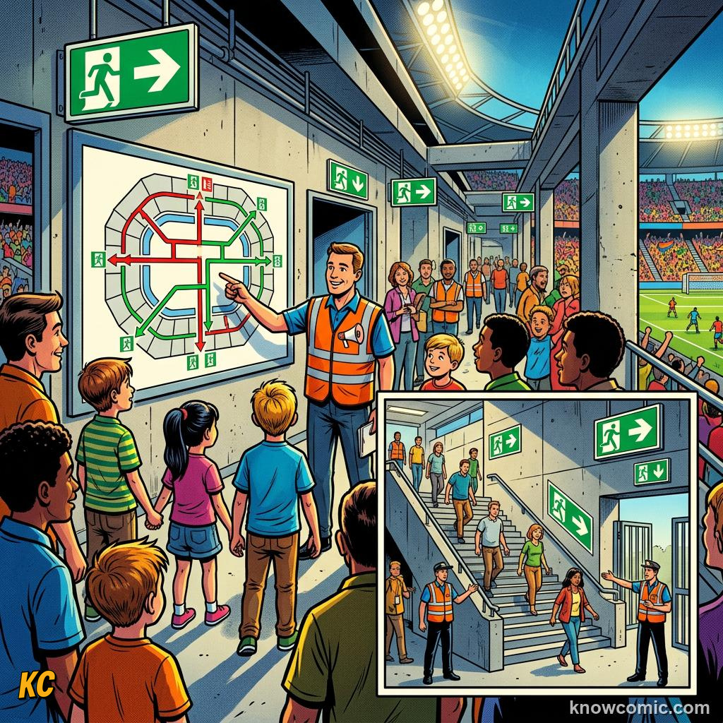 Comic panel titled tech that protects crowds, labelled calm, from the KnowComic World Cup 2026 lesson on security & safety