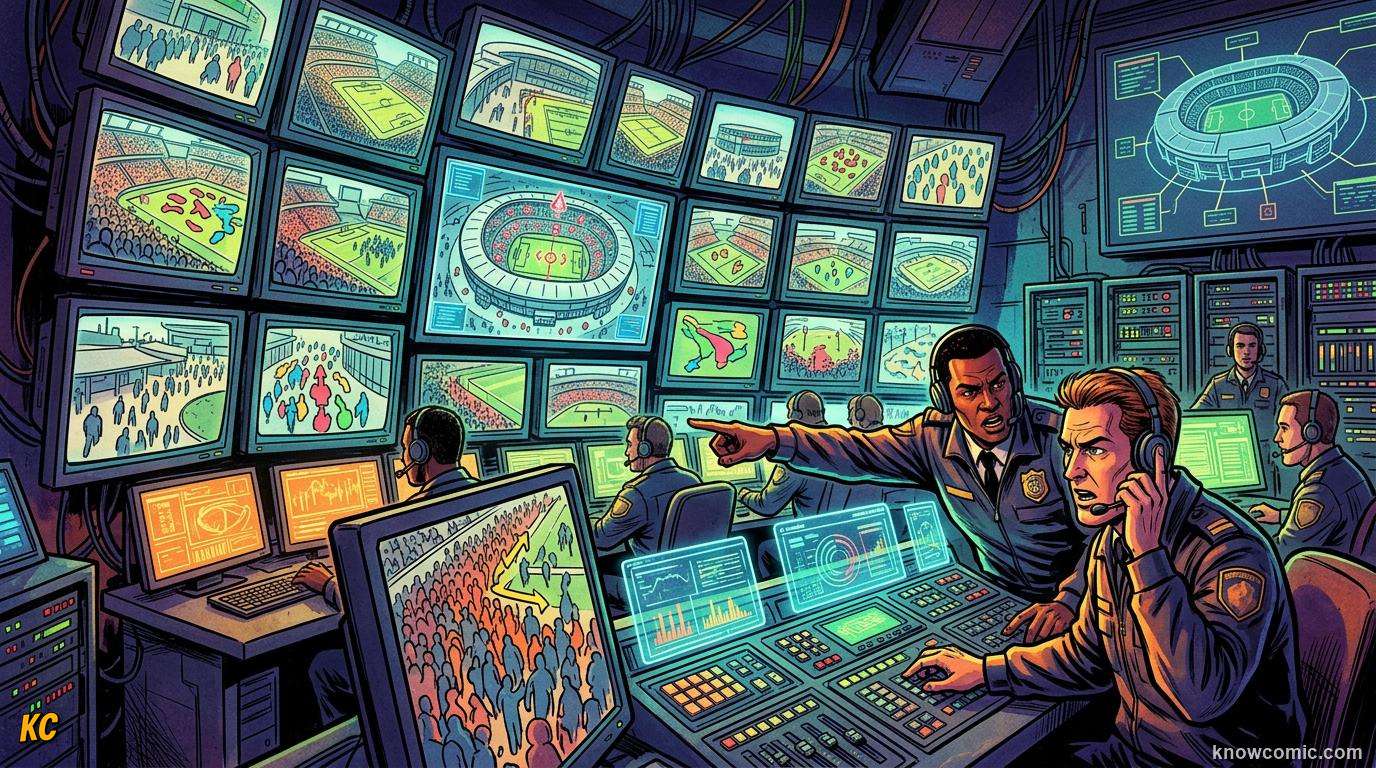 Comic panel titled tech that protects crowds, labelled smart stadiums, from the KnowComic World Cup 2026 lesson on security & safety