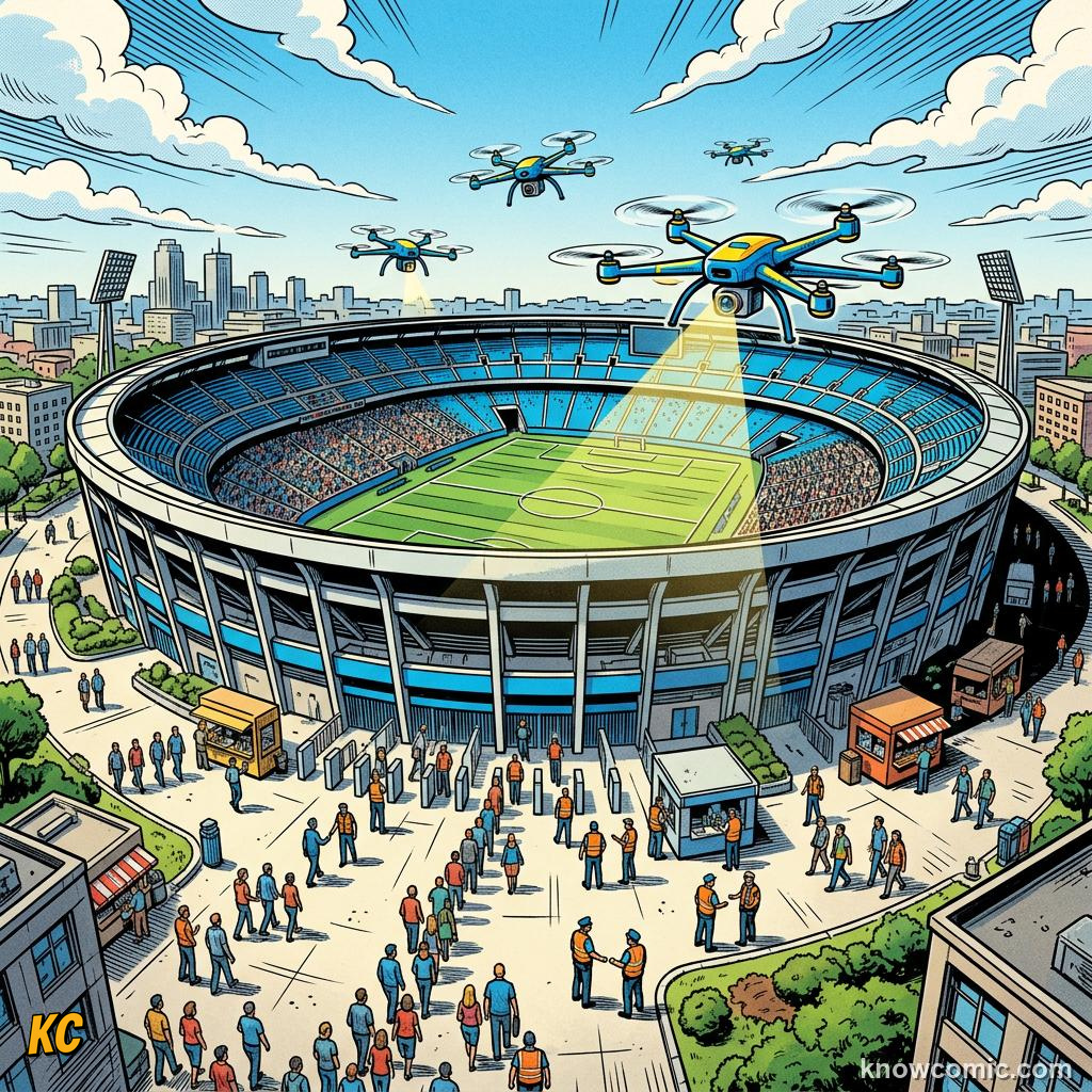 Comic panel titled tech that protects crowds, labelled cameras, from the KnowComic World Cup 2026 lesson on security & safety