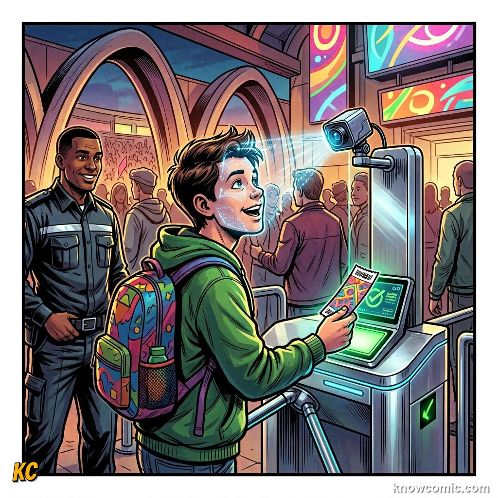 Comic panel titled tech that protects crowds, labelled scanners, from the KnowComic World Cup 2026 lesson on security & safety