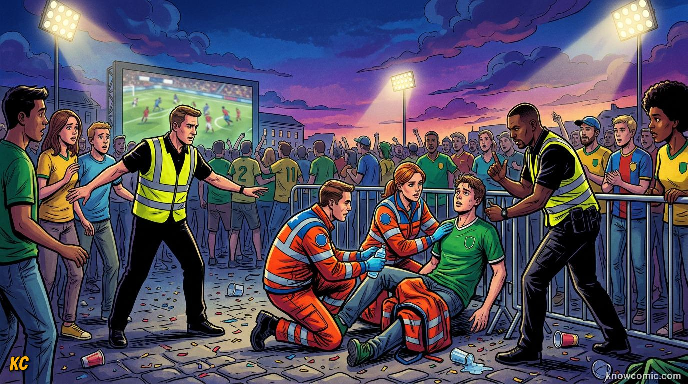 Comic panel titled ready for any crisis, labelled when things go wrong, from the KnowComic World Cup 2026 lesson on security & safety