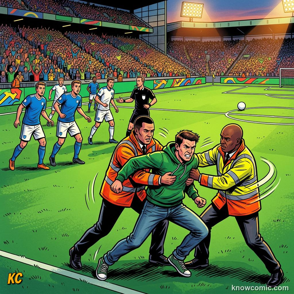 Comic panel titled teamwork behind the scenes, labelled medics, from the KnowComic World Cup 2026 lesson on security & safety