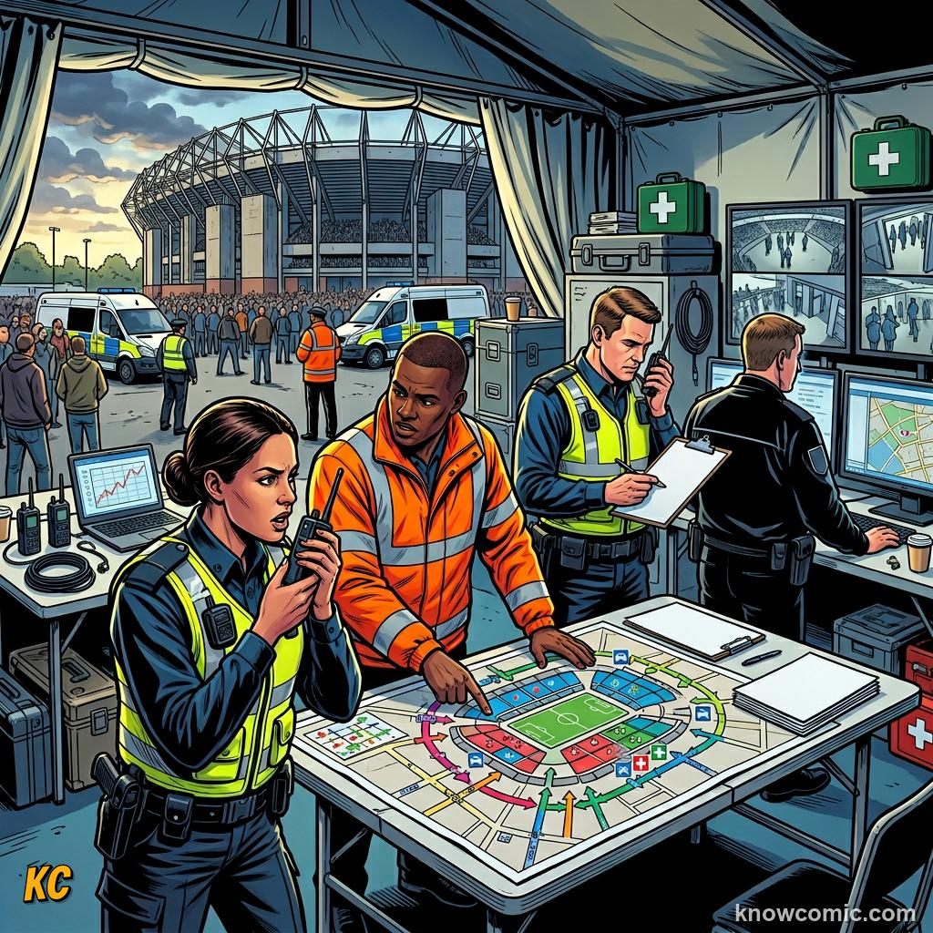 Comic panel titled teamwork behind the scenes, labelled evacuate, from the KnowComic World Cup 2026 lesson on security & safety