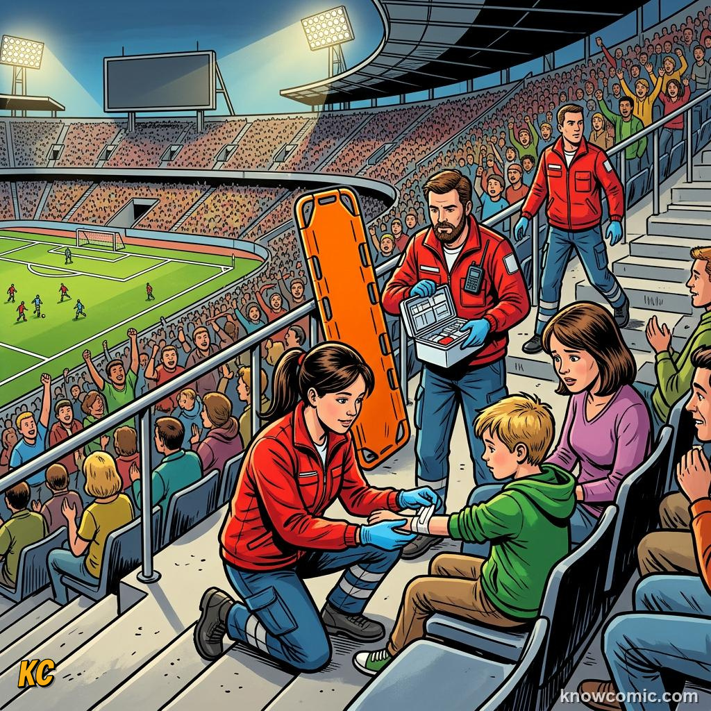 Comic panel titled teamwork behind the scenes, labelled message, from the KnowComic World Cup 2026 lesson on security & safety