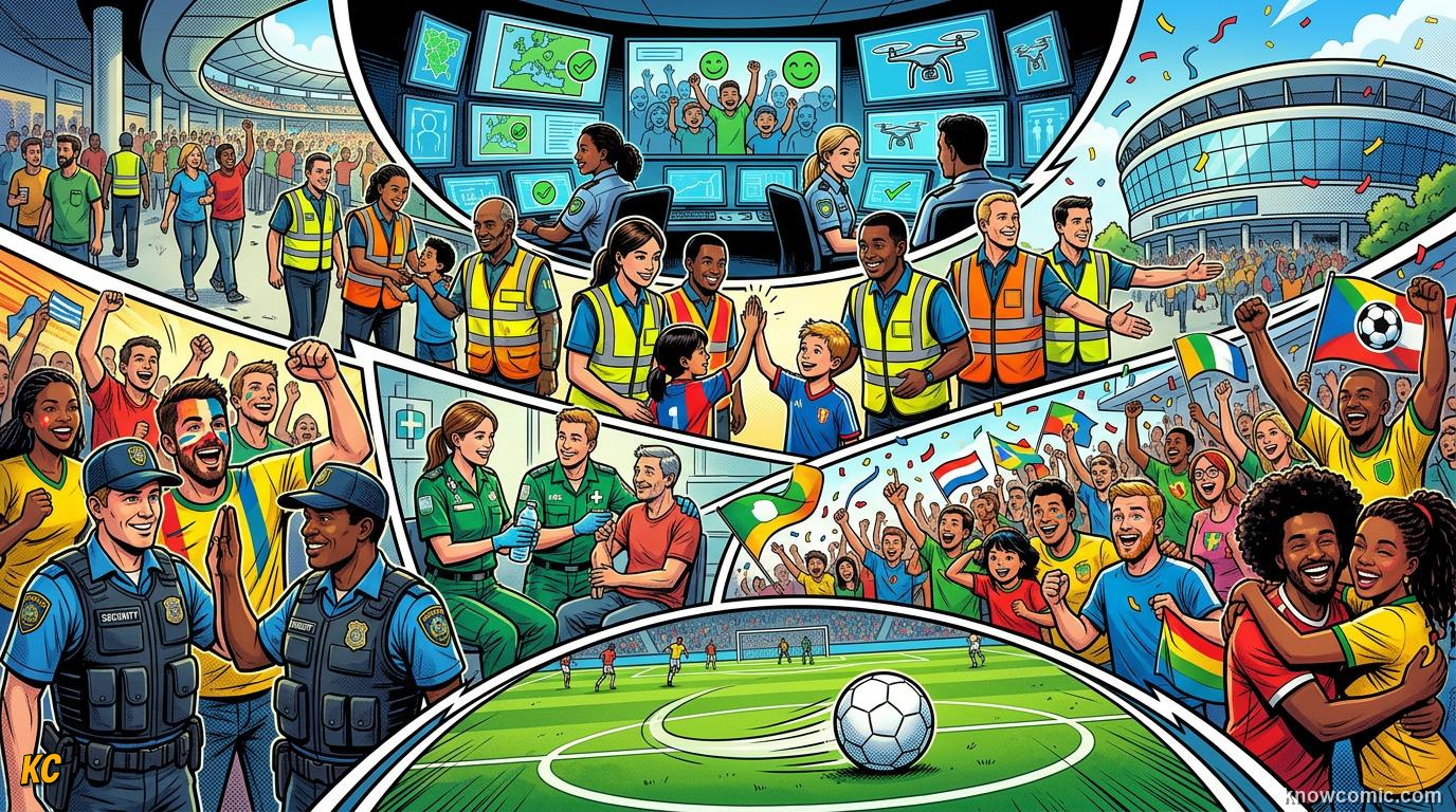 Comic panel titled teamwork behind the scenes, labelled world cup 2026, from the KnowComic World Cup 2026 lesson on security & safety