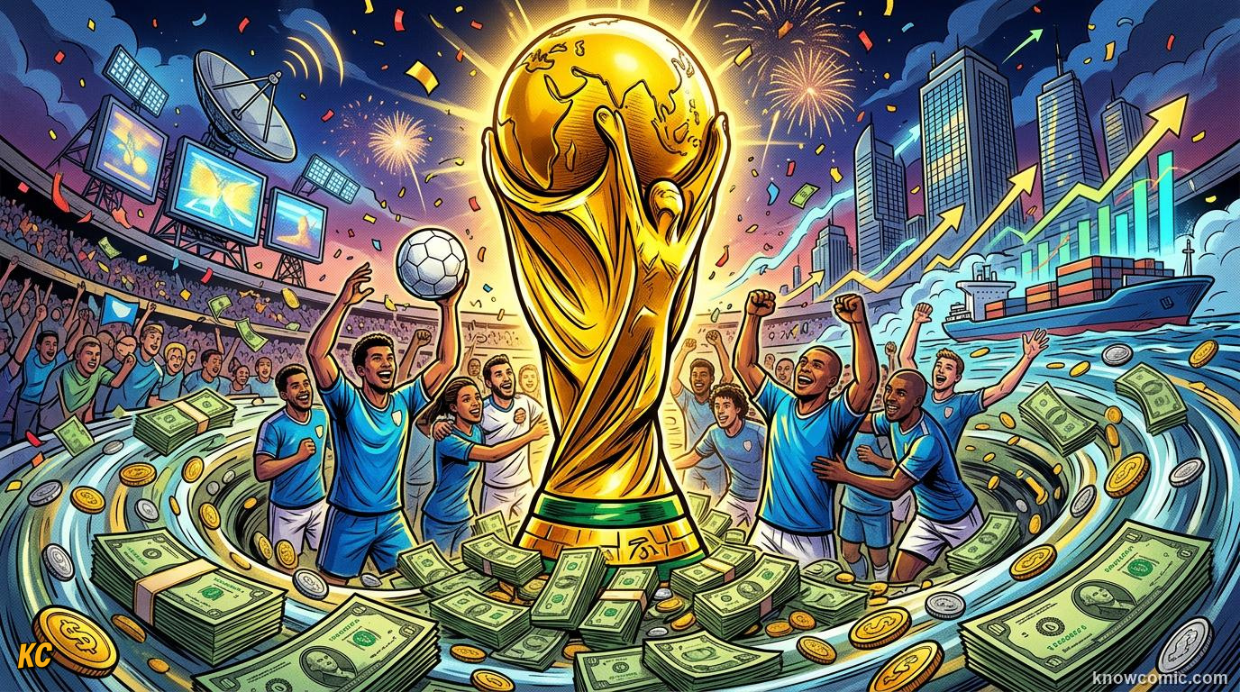 Comic panel titled why money matters, labelled big business, from the KnowComic World Cup 2026 lesson on the money game
