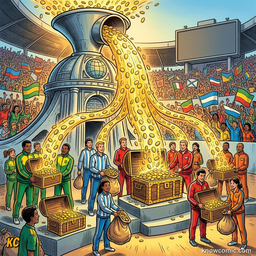 Comic panel titled who gets paid, labelled tv, from the KnowComic World Cup 2026 lesson on the money game
