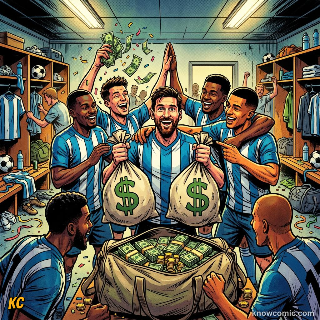 Comic panel titled who gets paid, labelled brands, from the KnowComic World Cup 2026 lesson on the money game