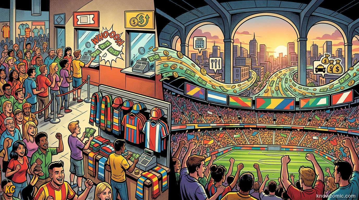 Comic panel titled who gets paid, labelled the pot, from the KnowComic World Cup 2026 lesson on the money game