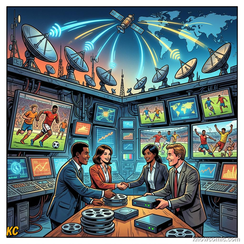 Comic panel titled brands buy the world's attention, labelled players, from the KnowComic World Cup 2026 lesson on the money game