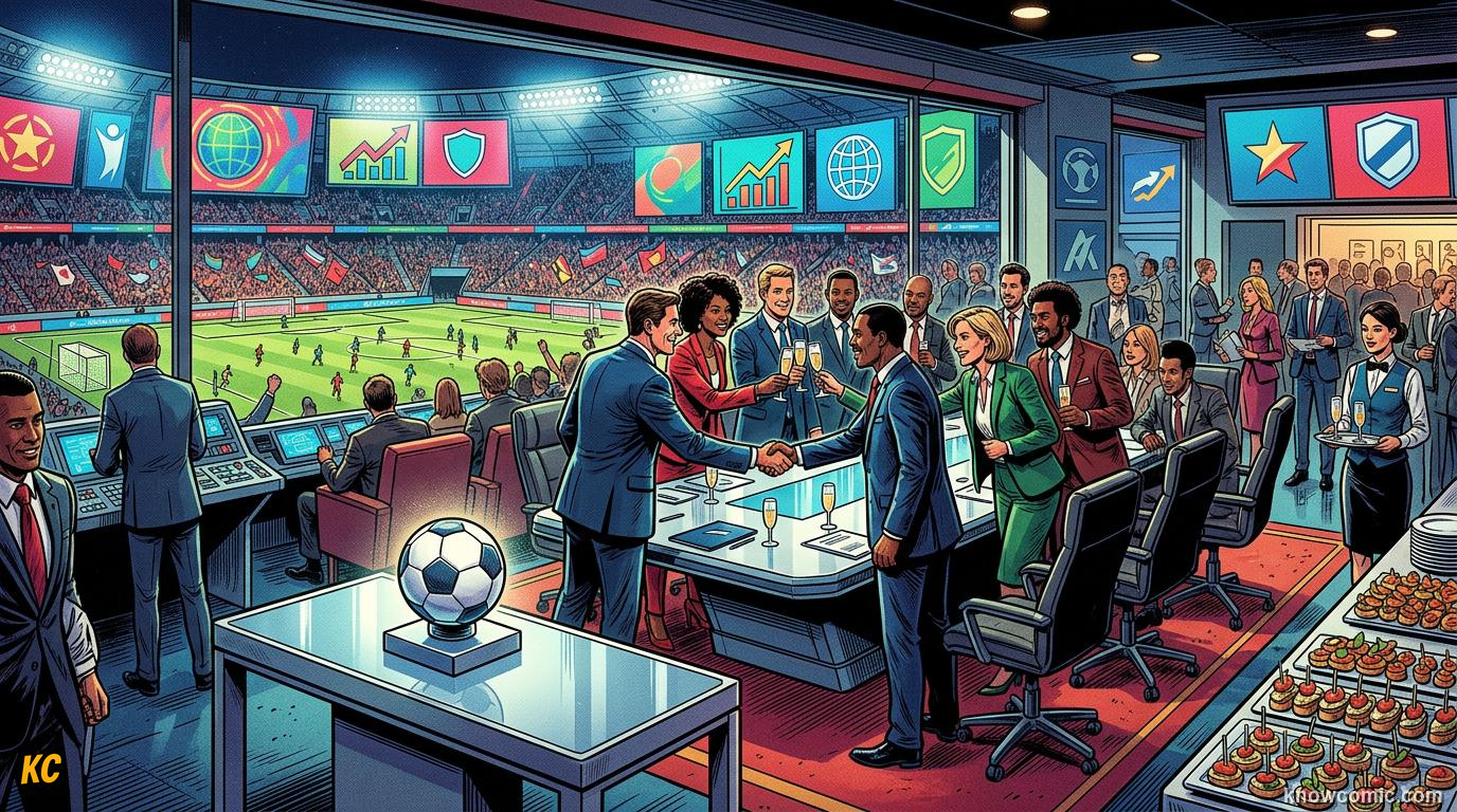 Comic panel titled brands buy the world's attention, labelled global ads, from the KnowComic World Cup 2026 lesson on the money game