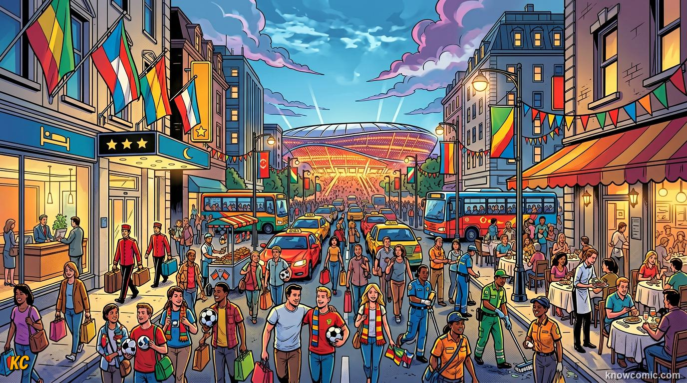Comic panel titled fans open their wallets, labelled fan spending, from the KnowComic World Cup 2026 lesson on the money game