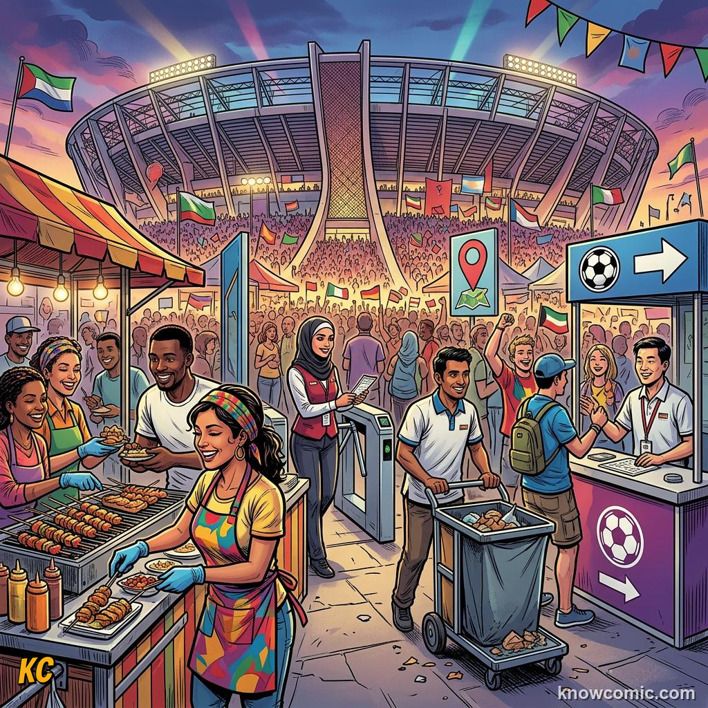 Comic panel titled the price of hosting, labelled local, from the KnowComic World Cup 2026 lesson on the money game