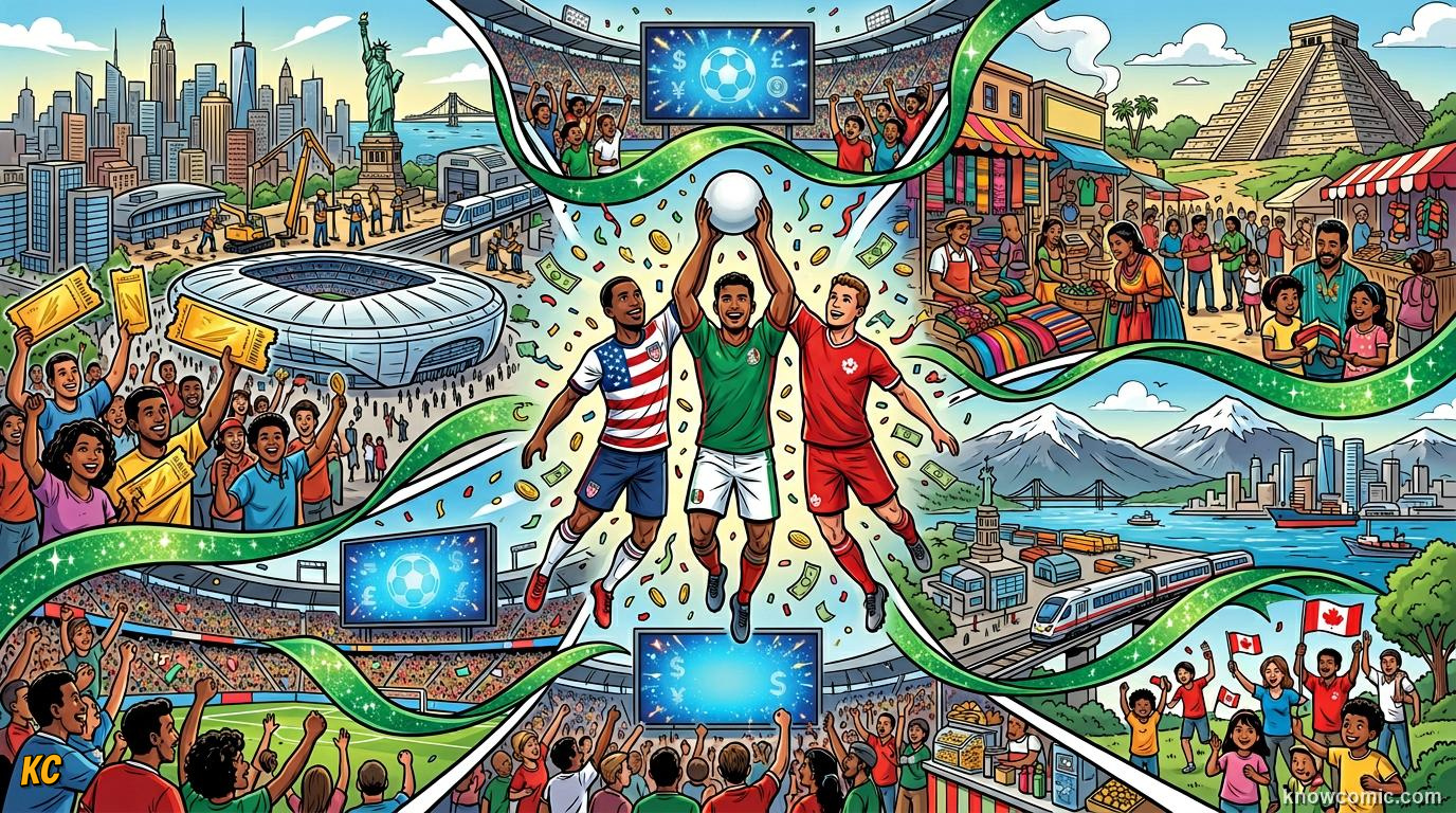 Comic panel titled the price of hosting, labelled world cup 2026, from the KnowComic World Cup 2026 lesson on the money game