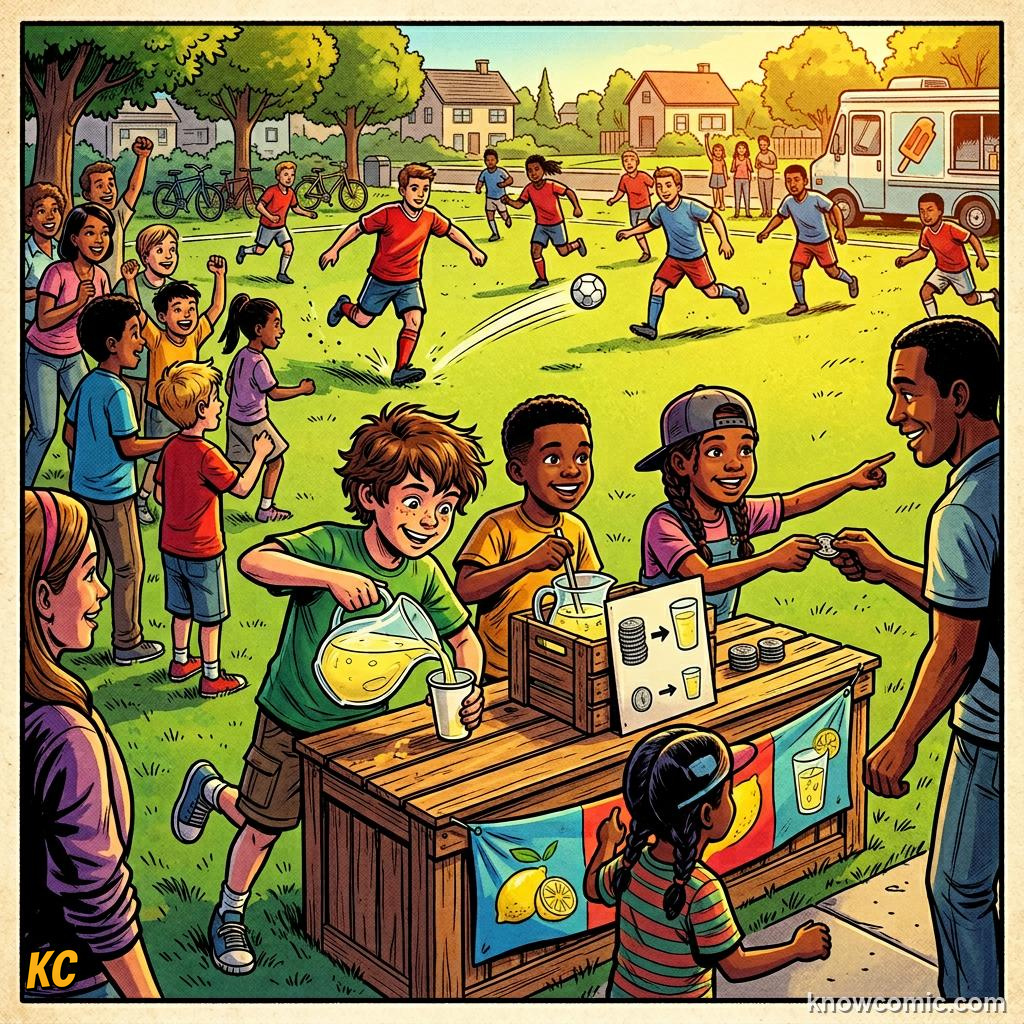 Comic panel labelled build, illustrating the money game in KnowComic's World Cup 2026 series
