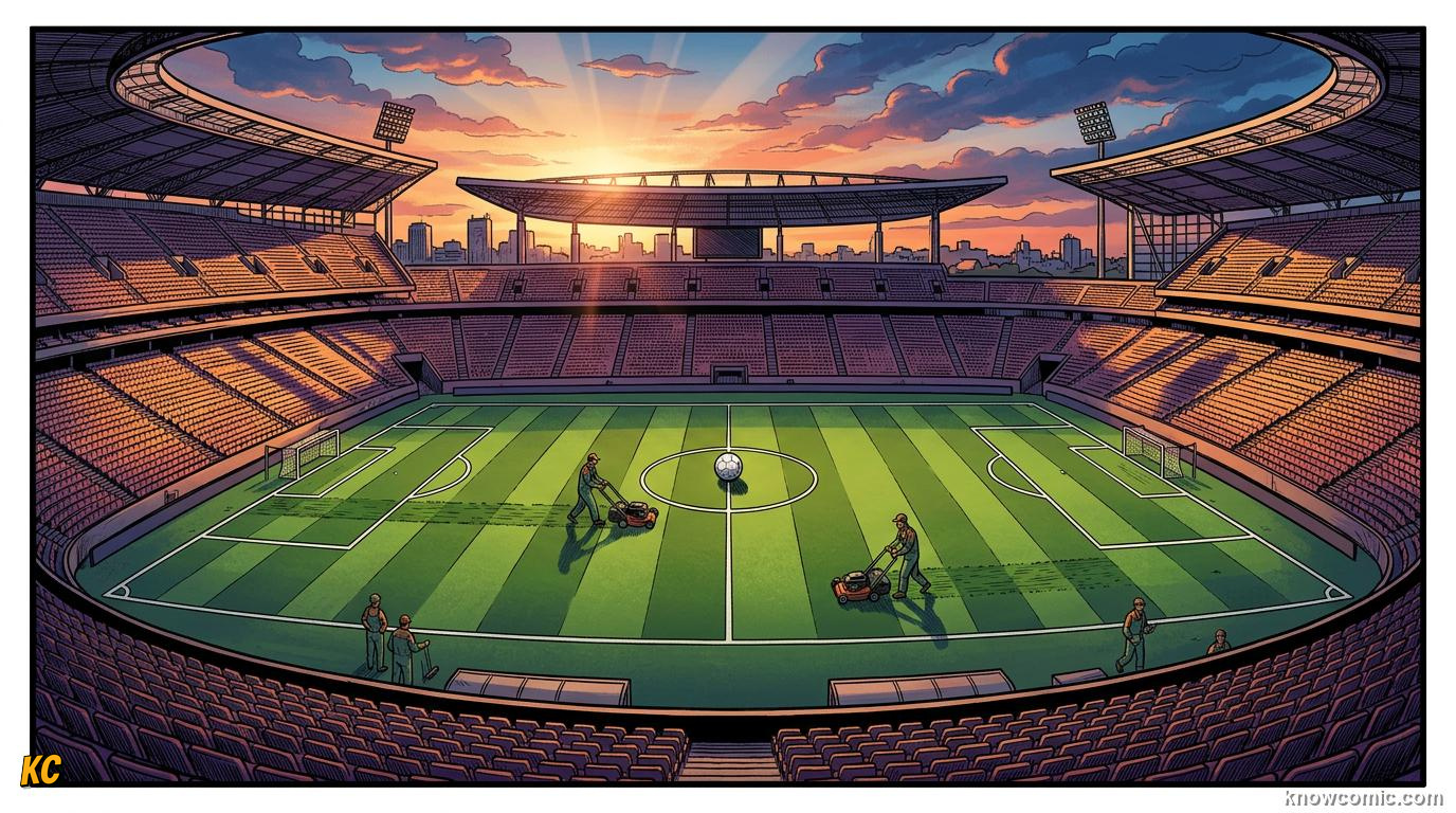 Comic panel titled the stadium wakes up, labelled early start, from the KnowComic World Cup 2026 lesson on match day behind the scenes