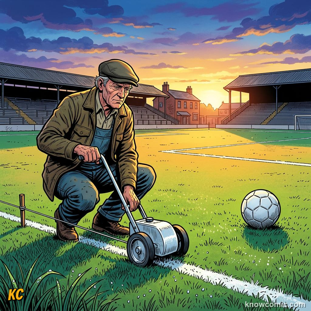 Comic panel titled the crowd builds, labelled grass, from the KnowComic World Cup 2026 lesson on match day behind the scenes