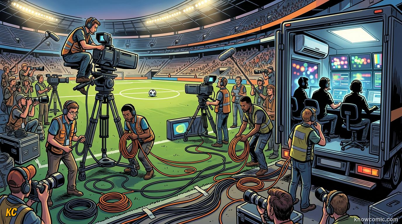 Comic panel titled the crowd builds, labelled gates open, from the KnowComic World Cup 2026 lesson on match day behind the scenes