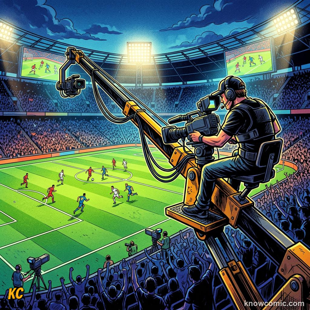 Comic panel titled from tunnel to pitch, labelled stands, from the KnowComic World Cup 2026 lesson on match day behind the scenes