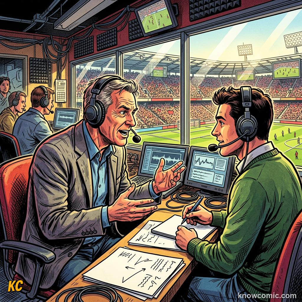 Comic panel titled from tunnel to pitch, labelled media, from the KnowComic World Cup 2026 lesson on match day behind the scenes