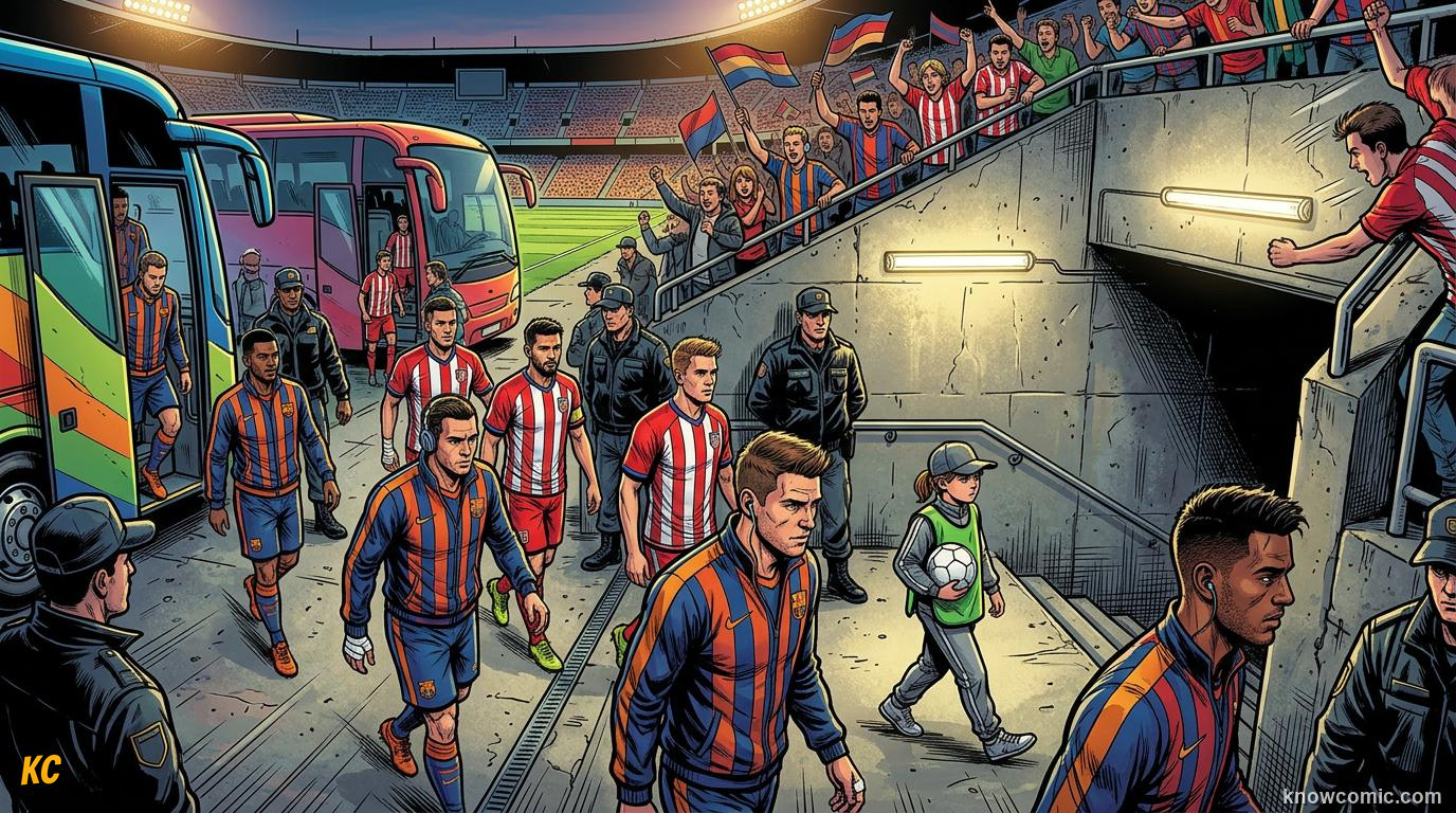 Comic panel titled from tunnel to pitch, labelled warm-up, from the KnowComic World Cup 2026 lesson on match day behind the scenes