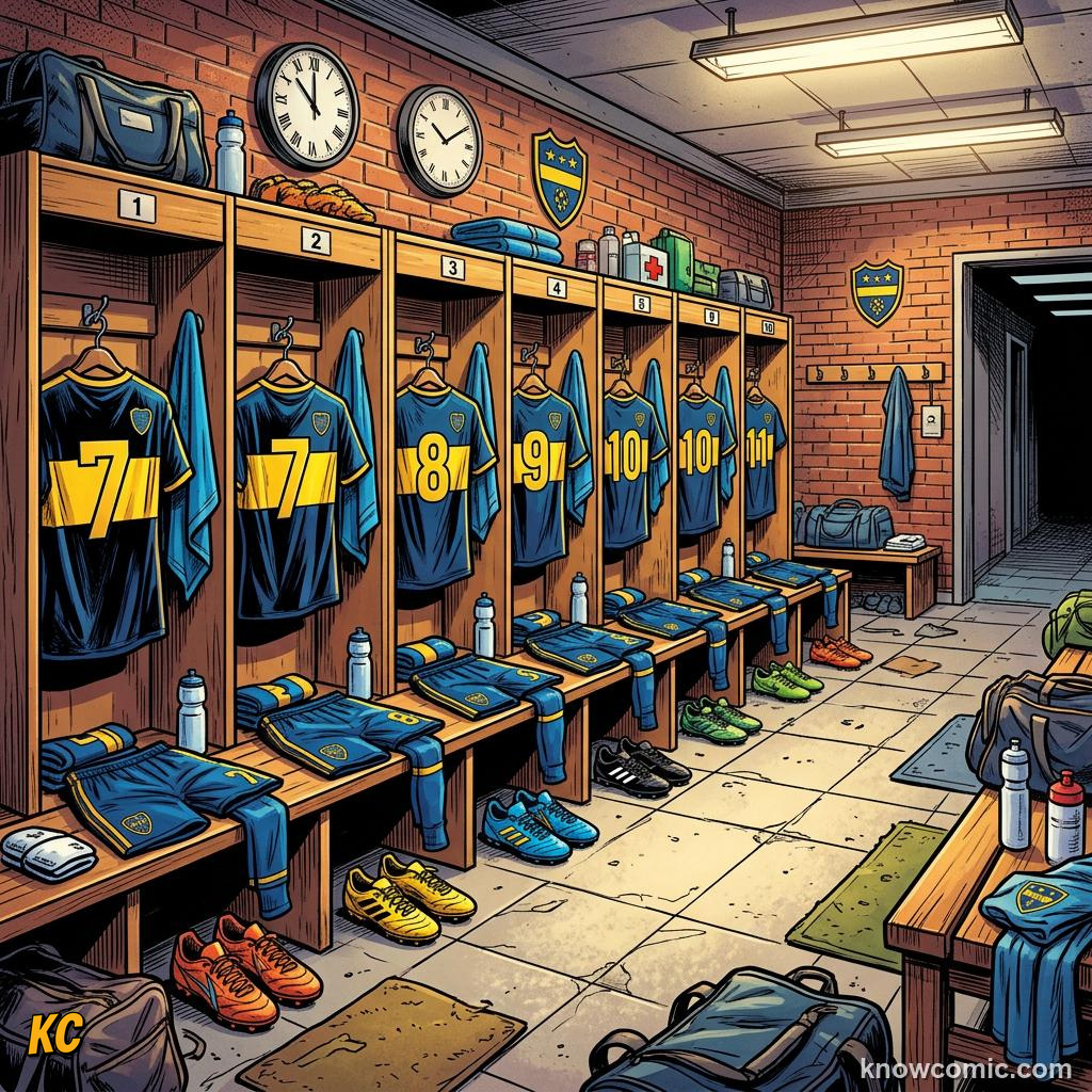Comic panel titled from tunnel to pitch, labelled bus, from the KnowComic World Cup 2026 lesson on match day behind the scenes