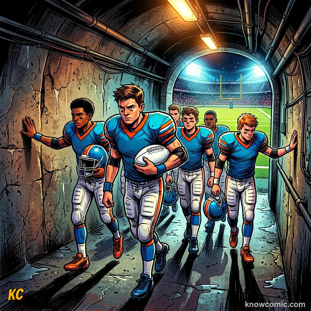 Comic panel titled from tunnel to pitch, labelled dressing, from the KnowComic World Cup 2026 lesson on match day behind the scenes