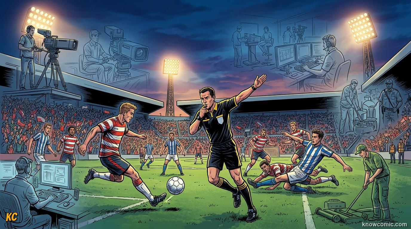 Comic panel titled the match you see on tv, labelled on air, from the KnowComic World Cup 2026 lesson on match day behind the scenes