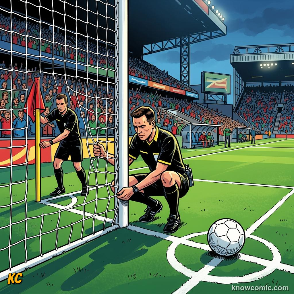 Comic panel titled the crew stays late, labelled cameras, from the KnowComic World Cup 2026 lesson on match day behind the scenes
