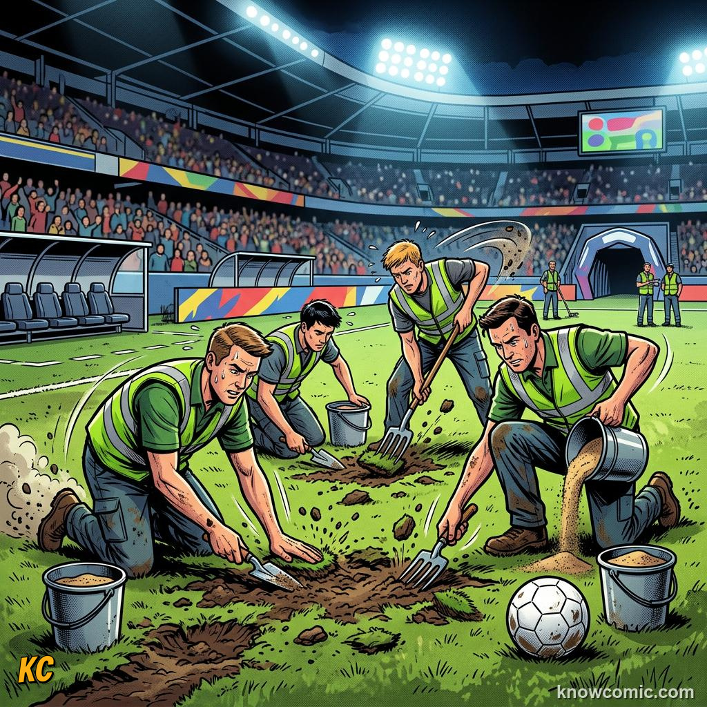 Comic panel titled the crew stays late, labelled var, from the KnowComic World Cup 2026 lesson on match day behind the scenes