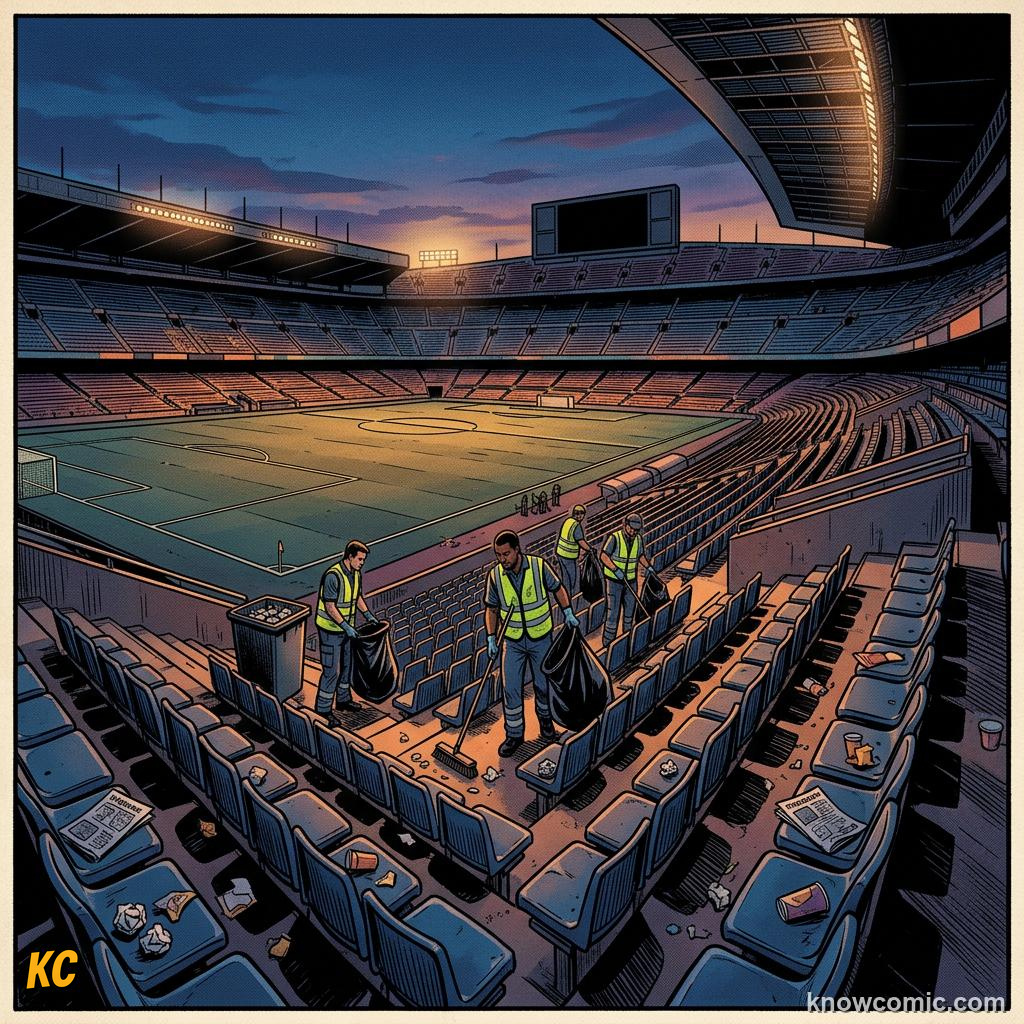 Comic panel titled the crew stays late, labelled pitch side, from the KnowComic World Cup 2026 lesson on match day behind the scenes